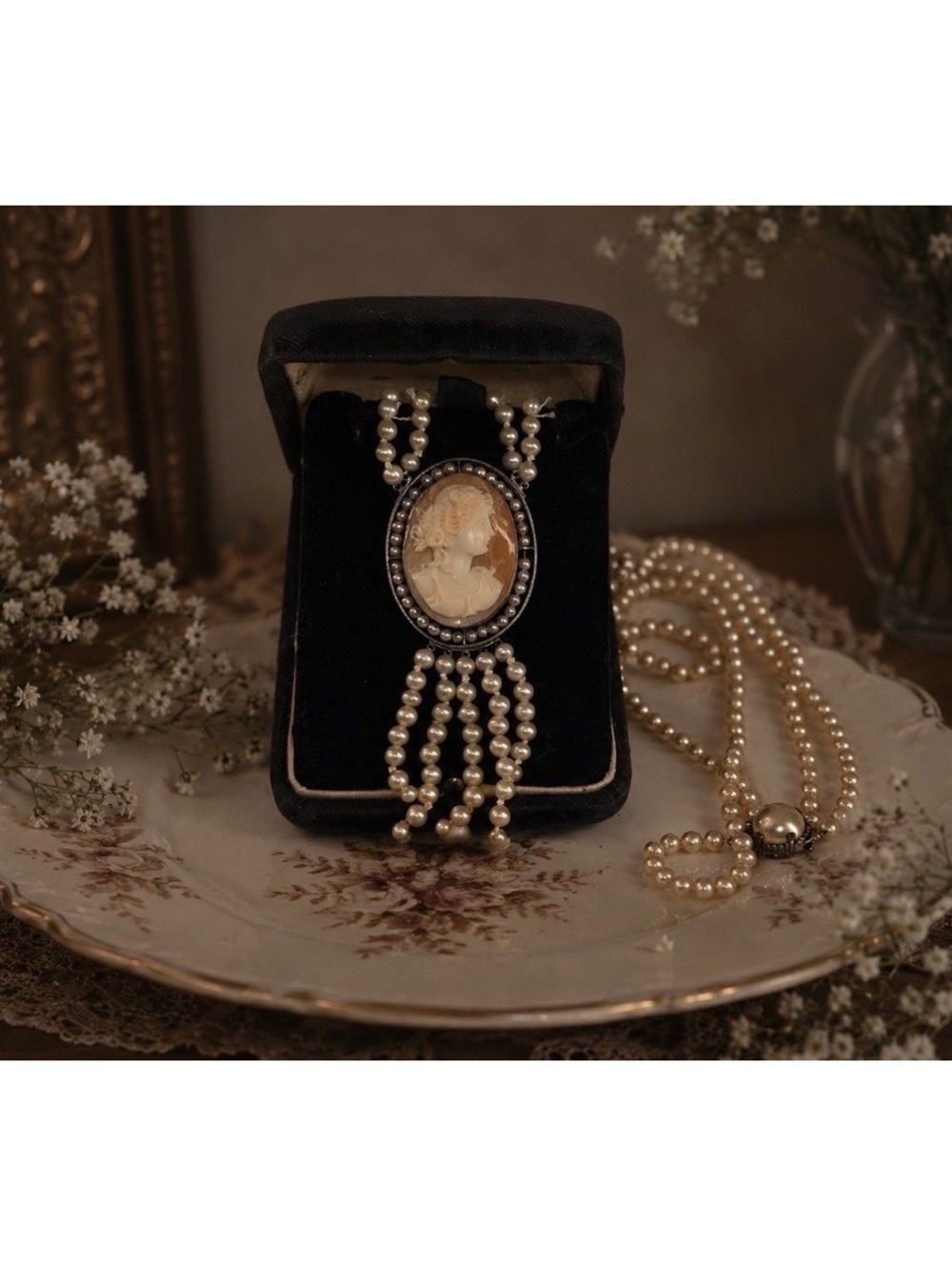 Vintage Akoya Pearl Shell Cameo Tassel Necklace Sterling Silver Box Clasp w/ Box